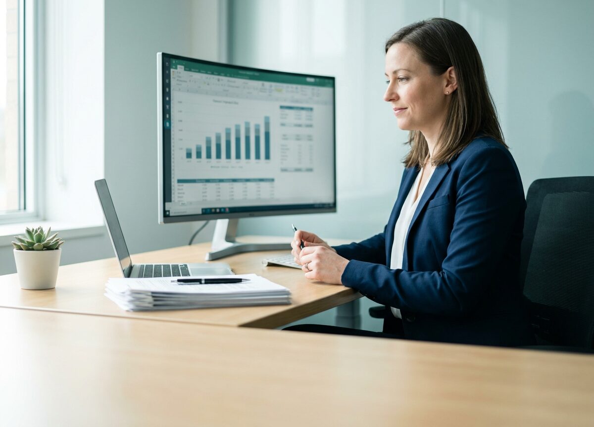 An accountant reviewing a financial report on screen at her desk