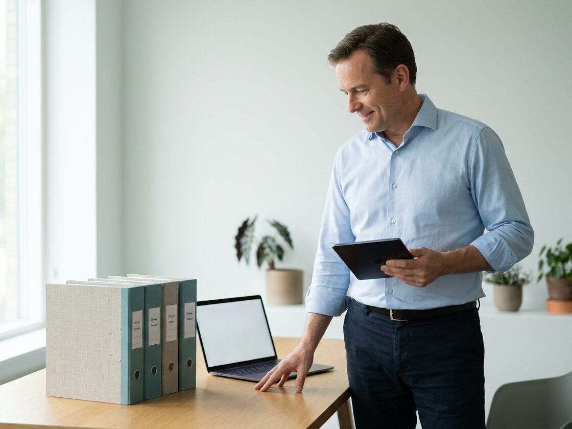 A business owner going through tidy, organized financial records in his workspace